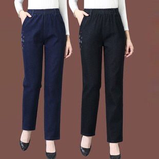 牛仔裤女春秋新款弹力直筒裤中老年妈妈裤宽松大码高腰松紧腰女裤
