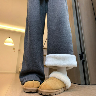 灰色加绒糯米裤女秋冬季软糯垂感窄版直筒小个子加厚羊羔绒阔腿裤