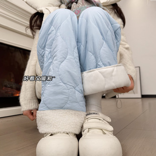 蓝色羊羔绒防风棉裤女秋冬季东北加绒加厚保暖防寒裤子束脚阔腿裤