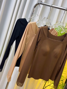 保暖塑身上衣女士带胸垫内衣蕾丝秋冬打底衫修身内搭加绒加厚长袖