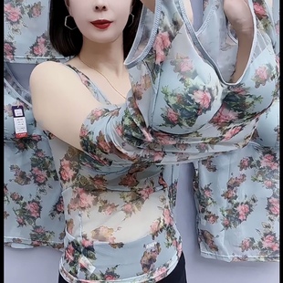 妈妈中年无钢圈背心式 内衣胖mm 吊带带胸垫一体大码 文胸收副乳薄款