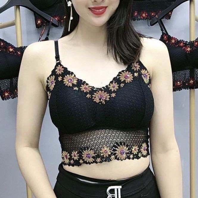 文胸奶罩蕾丝大码内衣聚拢短款吊带背心式防下垂带胸垫美背女打底