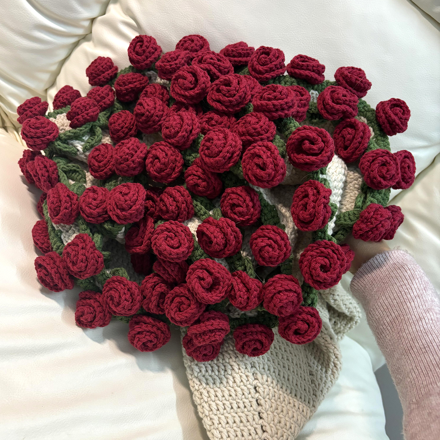 玫瑰花束毯子钩织冰条线手工编织diy毛毯花束毛毯材料包毛线花朵
