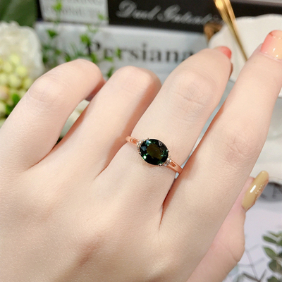 新款镀18K玫瑰金镶嵌绿碧玺戒指女士简约时尚奢华气质开口可调节