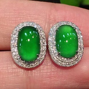温润饱满冰种辣绿玉髓蛋面耳钉镀925银女镶嵌锆石时尚 耳饰 气质款