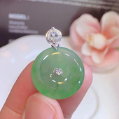 新款 项链 天然玉髓飘花平安扣吊坠镶嵌镀925银精美高贵显气质女款