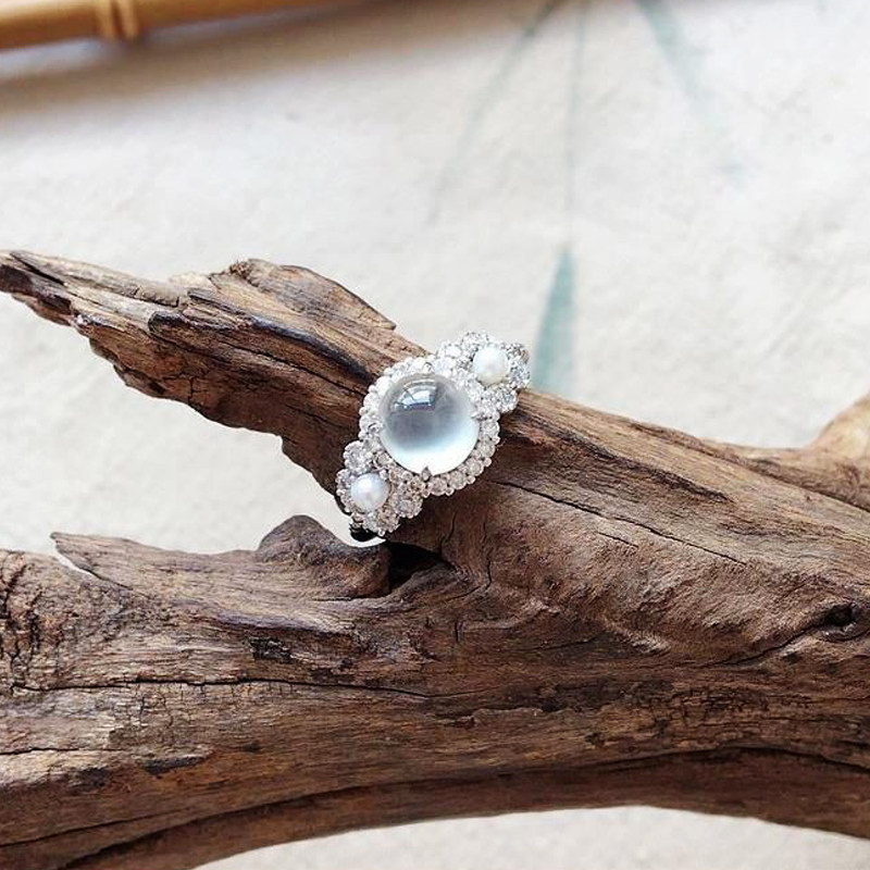 日韩925纯银镶嵌纯小蛋面玉圆蛋珍珠戒指女 新款热卖气质时尚百搭