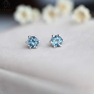 天然伦敦蓝托帕石耳钉S925白金养耳洞男女日常情侣小巧迷你耳饰女
