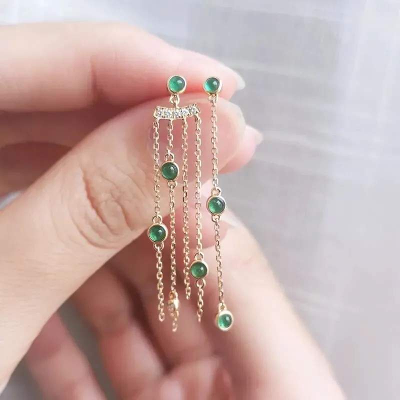 祖母绿玉髓耳钉小蛋面流苏耳线耳饰 s925纯银镶嵌 别致流苏款耳坠