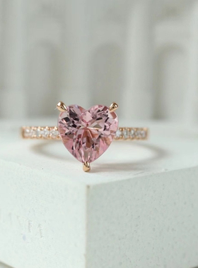 粉色心钻石镀18K金超甜心形樱花粉摩根石戒指ins个性简约时尚甜美