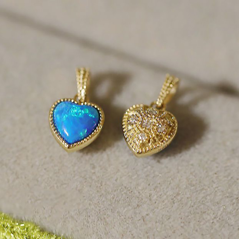 镀S925银双面心形项链澳洲欧泊