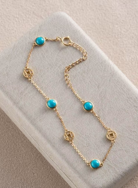 新款仿绿松石手链镀18K金钱币相间女款复古中式时尚小众个性百搭