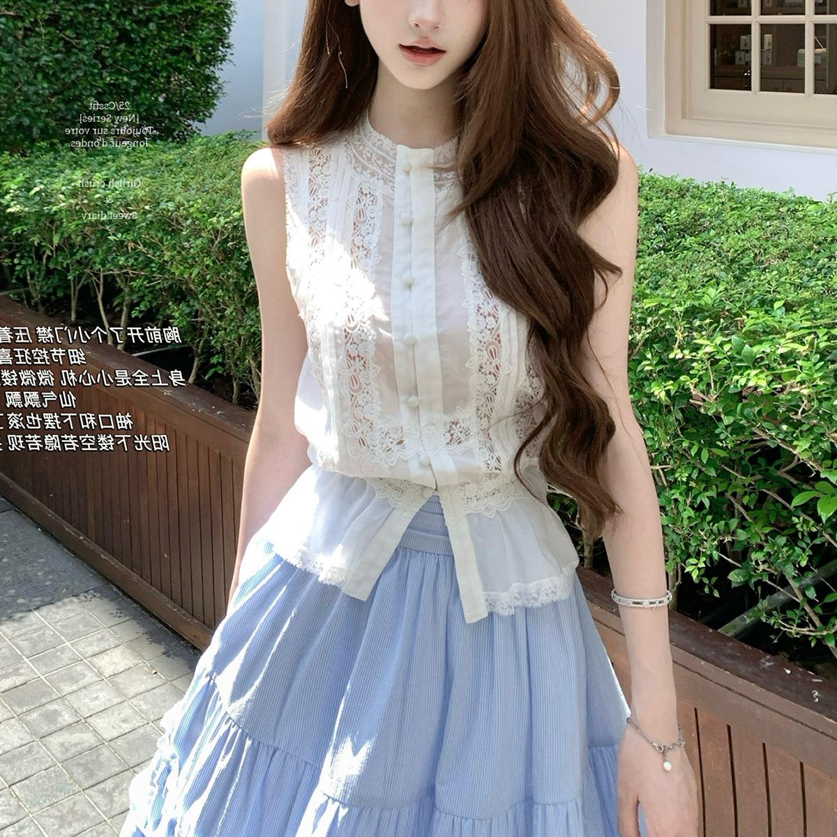 白梨水 手工镂空天丝拼接上衣女无袖小衫蓝条纹木耳边半裙套装夏