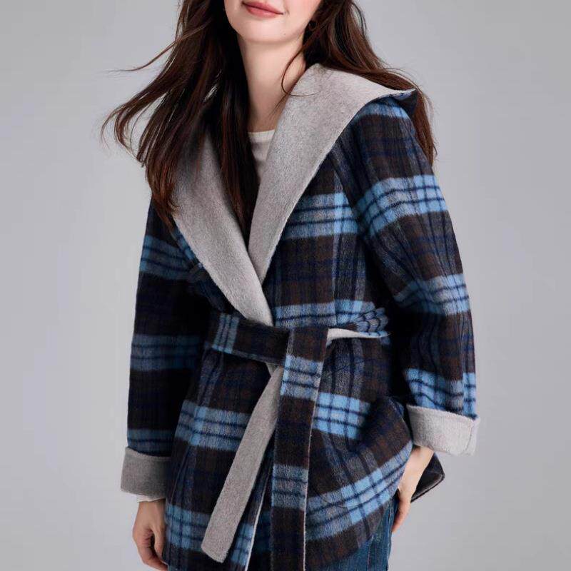 新款羊毛双面穿斗篷系带大衣女秋季圆领毛呢外套冬季宽松羊毛外套