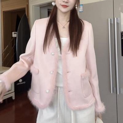 秋冬季V领毛呢外套带毛领真毛边高级羊毛大衣小个子毛呢开衫外套