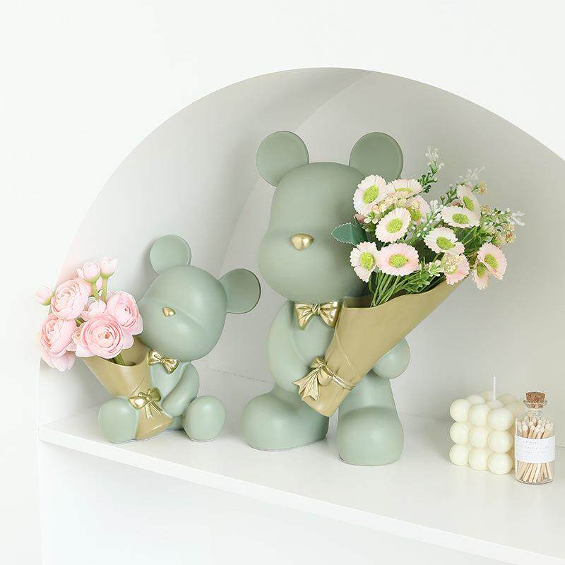 创意暴力熊摆件客厅玄关卧室桌面假花插花捧花家居电视柜装饰品小