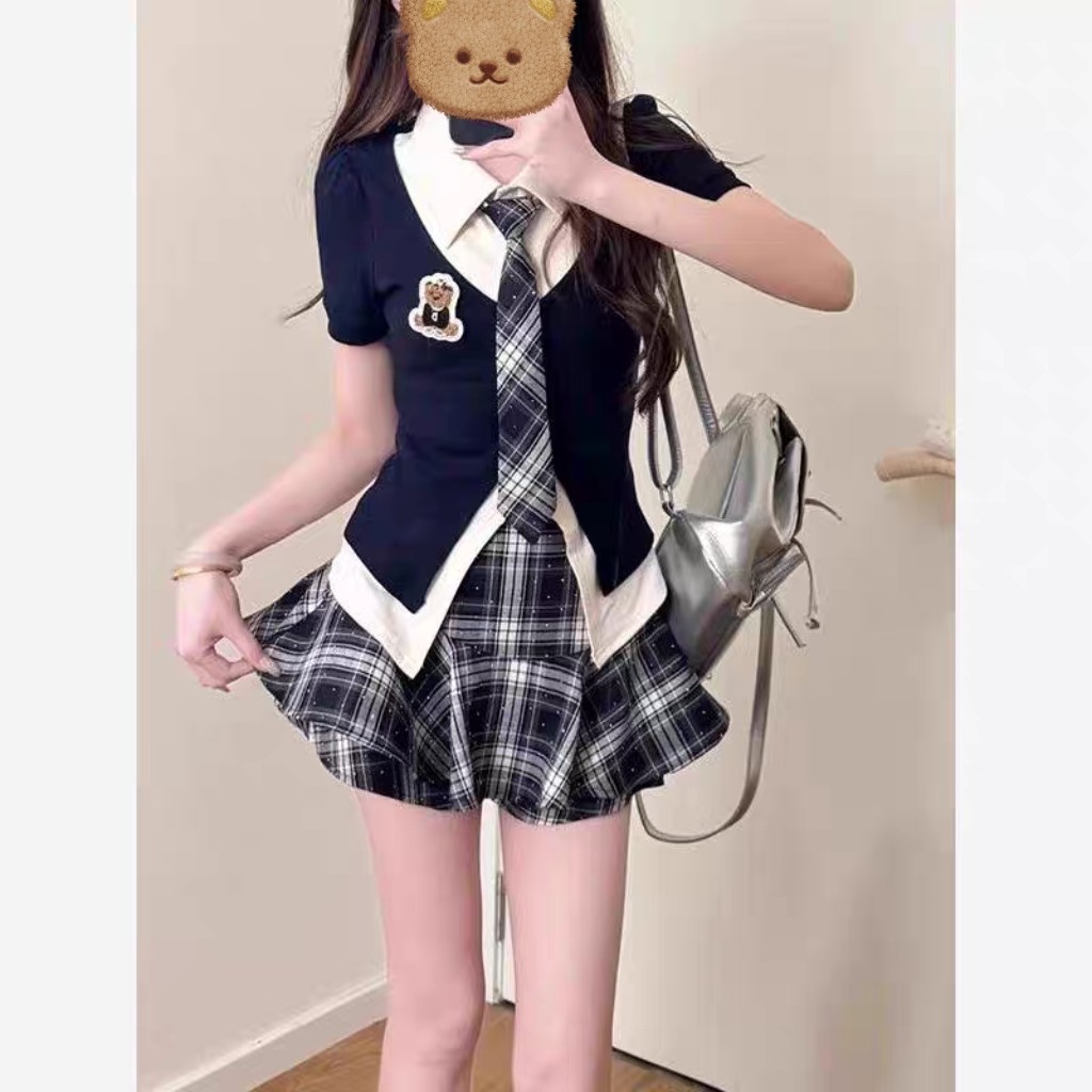韩系学院风套装女夏季小个子修身减龄短款上衣收腰格子短裙两件套