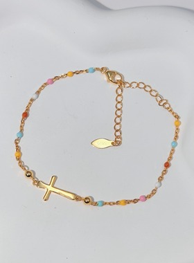 S925纯银镀金彩色十字架手链