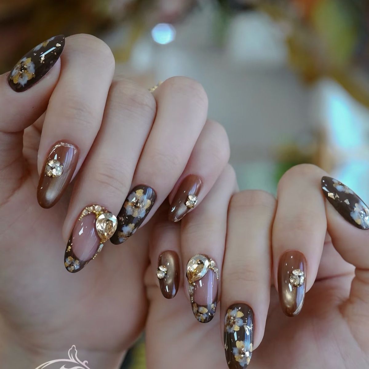 秋冬金棕复古花层次感百搭显白中长椭圆纯手工制作穿戴甲