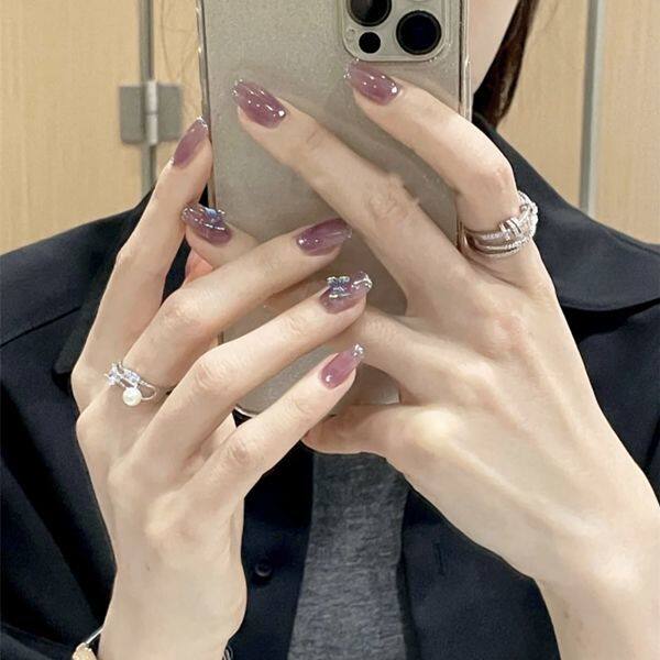 美甲成品贴片可拆卸穿戴甲透雾紫蝴蝶美甲气质小红书爆款纯手工