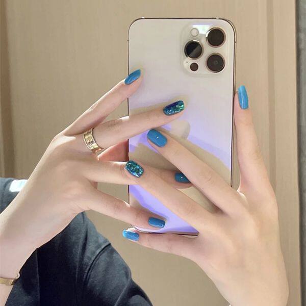 美甲成品贴片可拆卸穿戴甲显白孔雀蓝爆闪蓝色亮片小红书同款