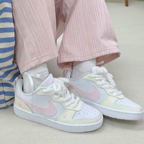 耐克定制球鞋Nike Court低帮板鞋奶油小猫爪少女甜妹可爱时尚百搭