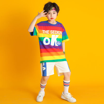 纯棉儿童街舞班服啦啦队演男女童洋气彩虹啦啦操运动会表演服嘻哈