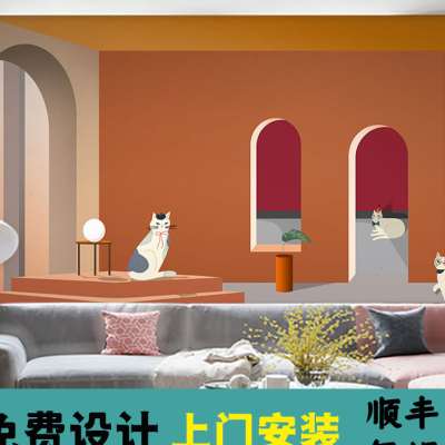 北欧猫咪背景墙纸儿童房卧室墙布壁画咖啡猫咖宠物店装修小猫壁纸