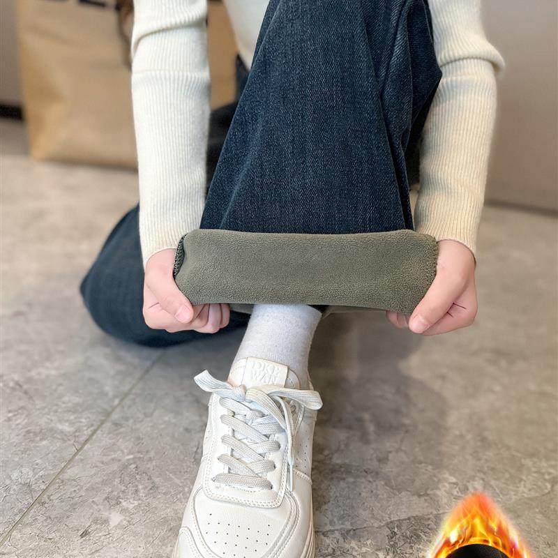 女童冬季加绒裤子秋冬2025新款女大童一体绒窄版阔腿裤儿童牛仔裤