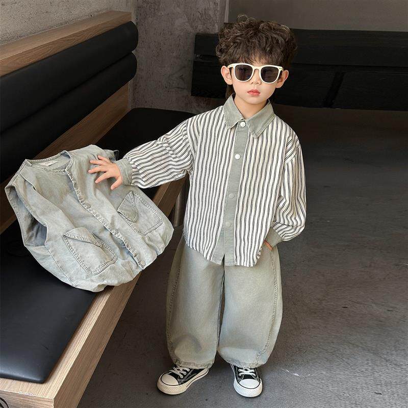 男童春装2026新款牛仔套装小男孩衣服春秋韩系洋气马甲衬衫三件套