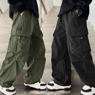 儿童运动春秋新款季工装黑色男童裤子休闲胖孩薄阔腿中大童夏防蚊