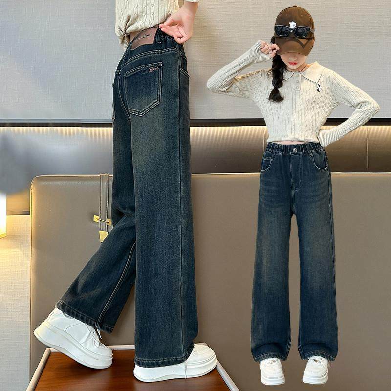 女童直筒加绒牛仔裤冬季2024新款儿童中大童女孩一体加厚长裤秋冬