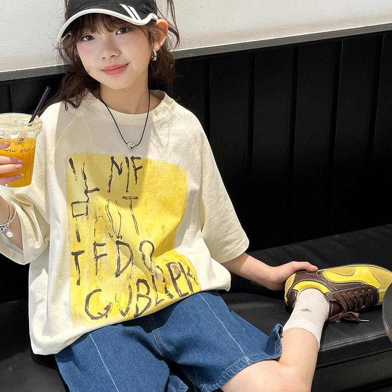 女童短袖t恤2025新款大童韩版女孩潮牌洋气夏装儿童夏季宽松上衣