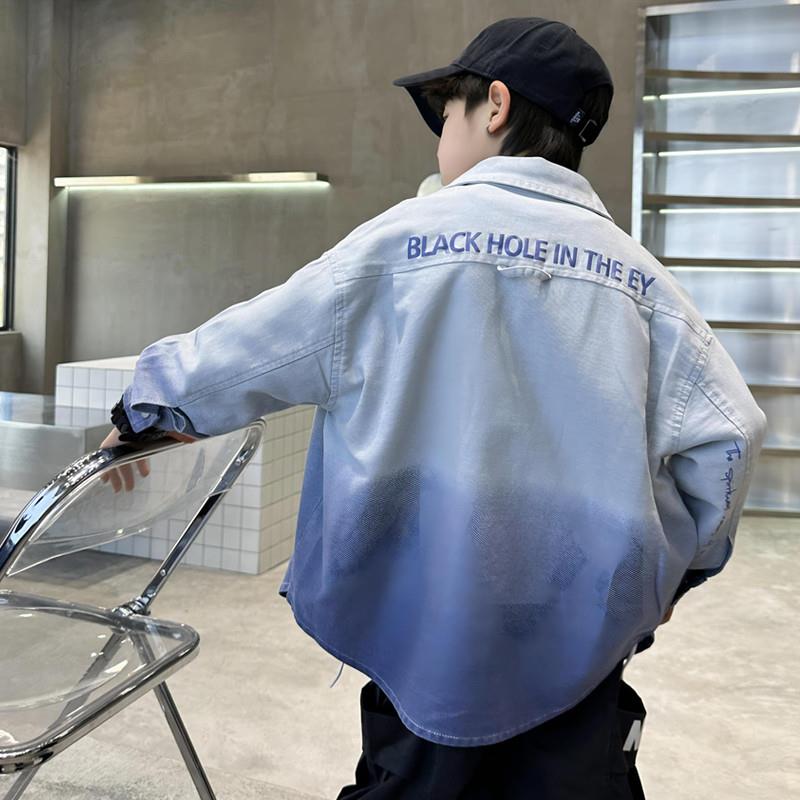 男童渐变绿色纯棉衬衫外套春秋2025新款儿童春夏薄款上衣帅气时髦