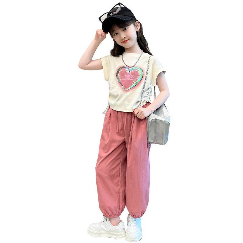 女童夏装套装2025新款夏季网红儿童纯棉洋气爱心Tt恤休闲裤两件套