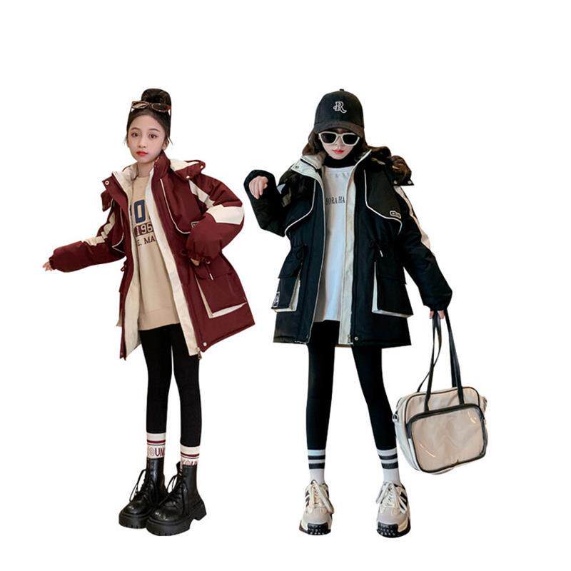 女童冬季加绒加厚派克服中大童女孩时髦棉衣收腰棉服网红休闲棉袄