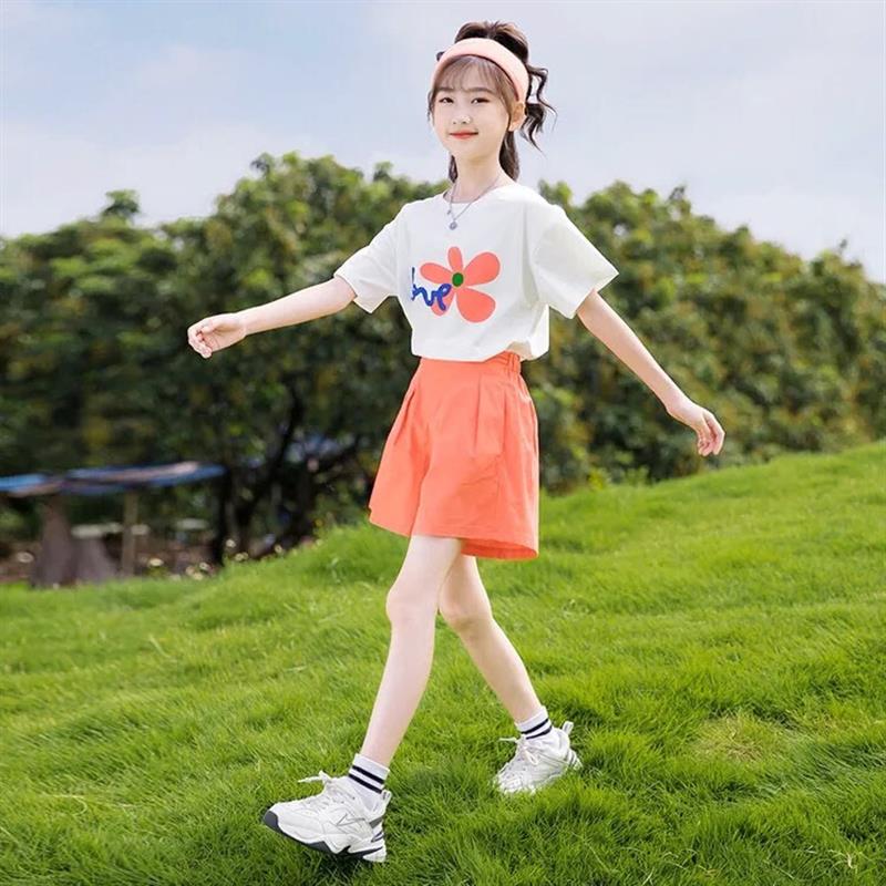 女童短袖纯棉儿童运动套装2026新款夏季女孩洋派时髦T恤短裤夏装