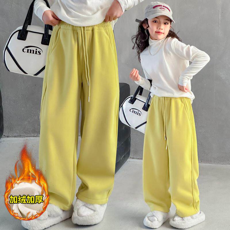 女童裤子冬季儿童新款加厚阔腿裤女孩大童2024加绒秋冬款运动卫裤