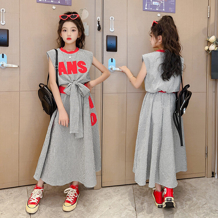 女童夏季套装裙子中大童时髦洋气儿童无袖长款韩版格子两件套夏