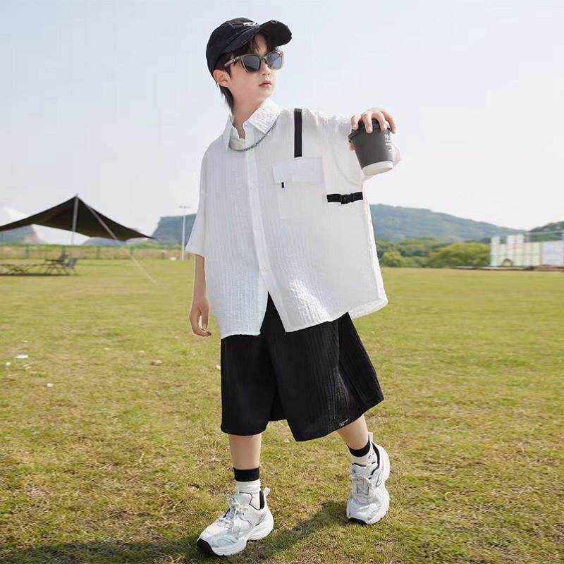 男童夏装套装2025新款中大儿童夏季短袖衬衫两件套男孩薄款夏款潮