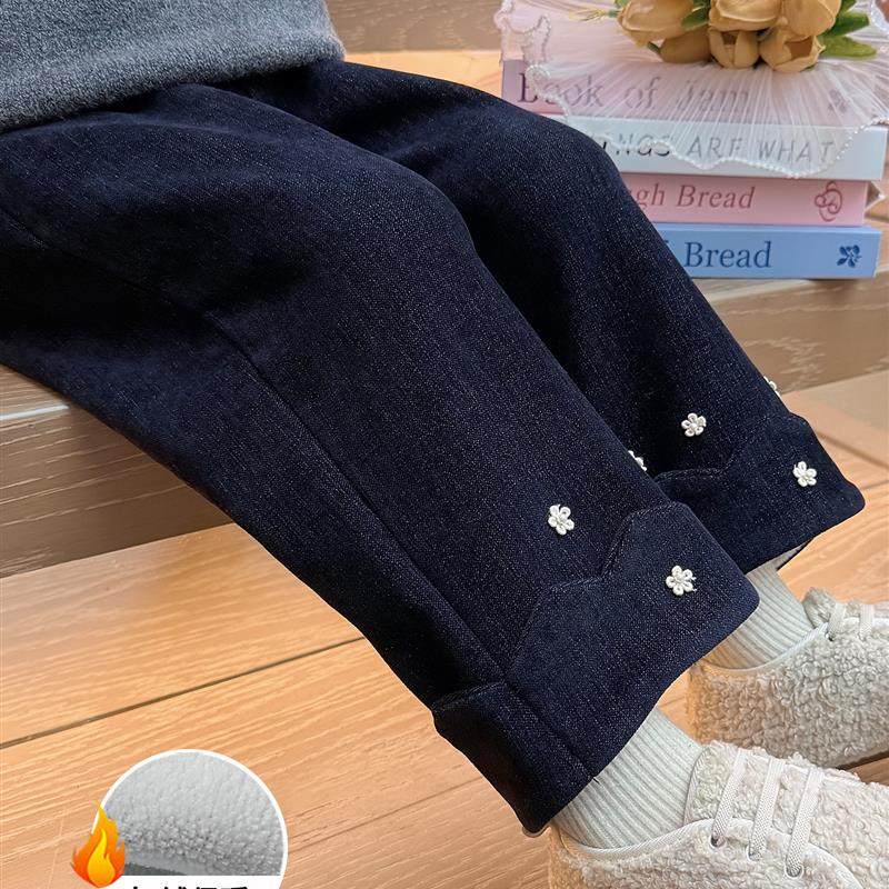 女童加绒裤子秋冬季2025新款儿童洋气冬装直筒裤女宝一体绒牛仔裤