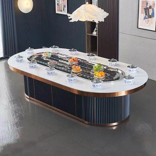 椭圆火锅桌酒店家用电动自动旋转餐桌传送带长方形电磁炉岩板桌子