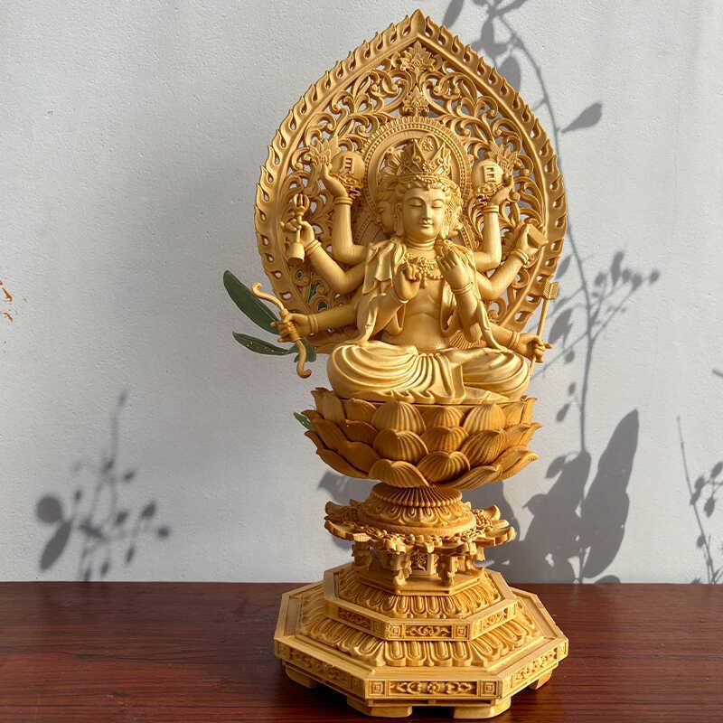木雕魔利支天摆件实木雕刻三面八臂具光佛母家居客厅装饰桧木