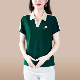 女士2025夏装 绣花半袖 翻领t恤短袖 新款 中年妈妈polo衫 休闲体恤衫