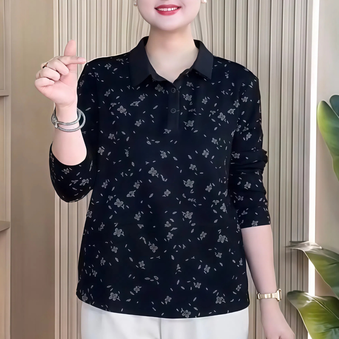 秋季新款时尚碎花翻领长袖T恤女显瘦洋气妈妈装POLO衫女百搭上衣