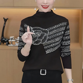 秋冬中年女装 时尚 女2026新款 烫钻半高领打底衫 显瘦上衣 洋气妈妈装