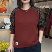 宽松加肥遮身材中年妈妈休闲时尚 圆领秋豹纹袖 拼接长袖 德绒卫衣潮