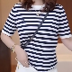 洋气减龄大码 2025上衣t恤刺绣女士宽松气质条纹短袖 圆领休闲时尚
