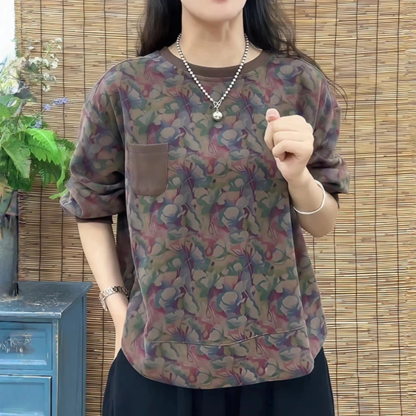2026秋季新款德绒长袖卫衣减龄宽松圆领印花显瘦套头休闲上衣洋气
