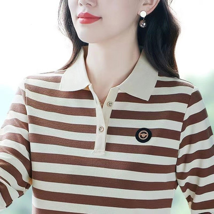 条纹长袖T恤女春秋新款宽松大码百搭妈妈装翻领上衣打底POLO衫女